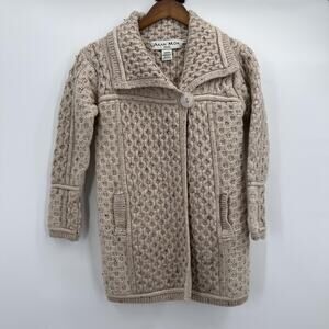 Aran Mor Sweater Womens Small Beige 100% Merino Wool Cardigan Coatigan Ireland
